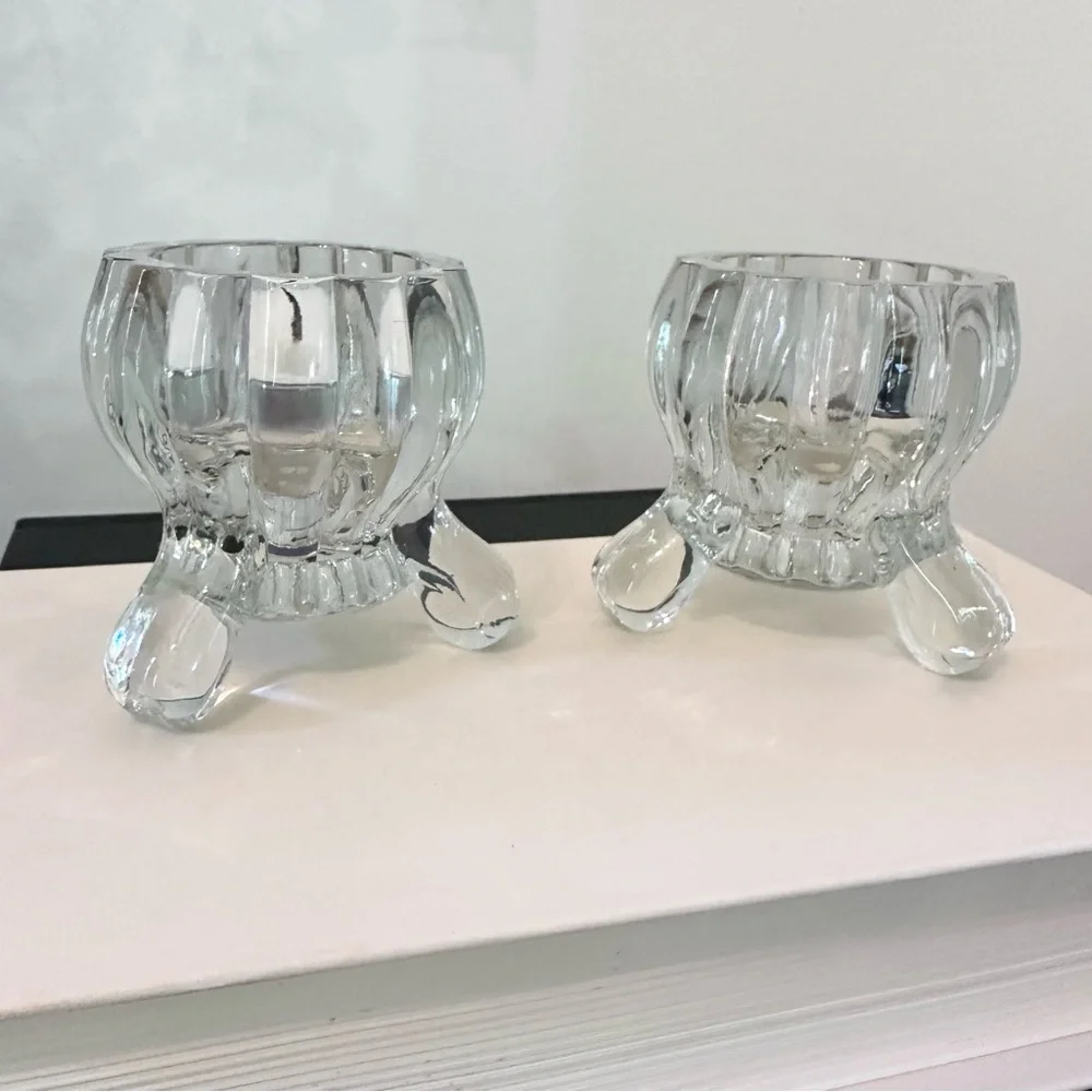 Lot Of 2 Vintage Clear Glass Footed Pillar Tea Light Candle / Air Plant Holders